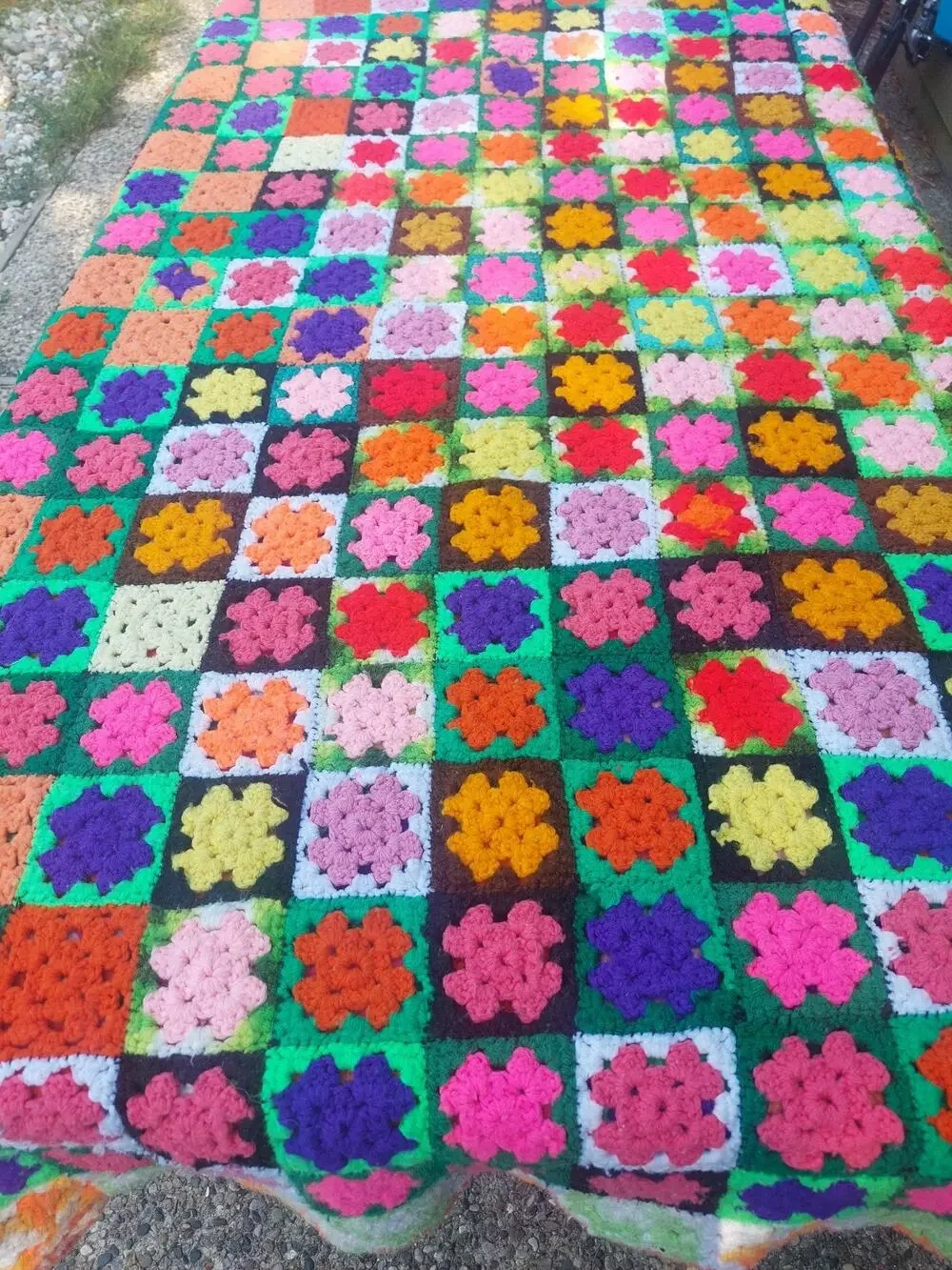 VTG Large Handmade Crochet Afghan Granny Square Blanket Hand Sewn Made Dopamine